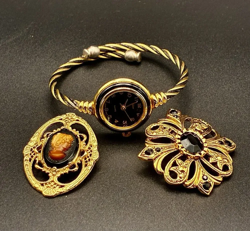 Cameo Pin Set Black And Gold Collezieo Watch, Filagree Cabochon Pendant